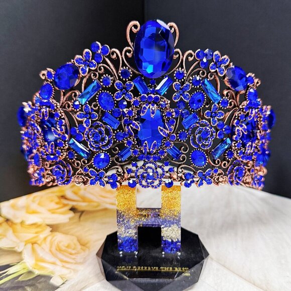Vintage Handmade Crown, Sapphire Crystal Crown, Victorian Tiara, Copper Crown main image 4